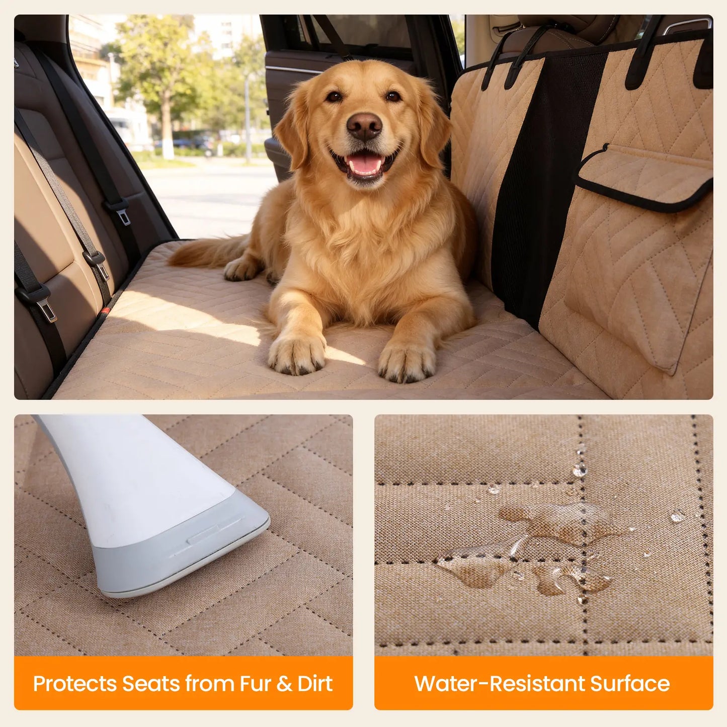 VALUXE Waterproof Dog Car Seat Cover for Large Dogs, Full-Cover Back Seat Protector, Foldable Design, Beige/Black